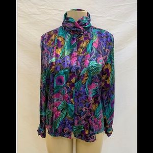 VTG Michelle Stuart Size 10 Long Sleeve Multicolor High Neck Pleated Blouse